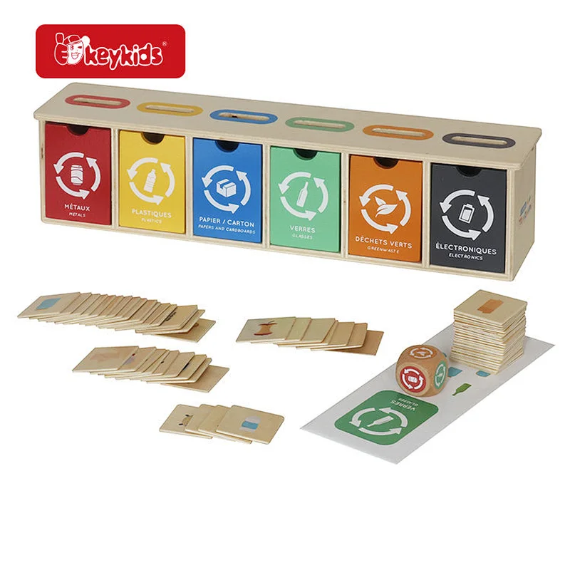 Kids Toy Garbage Box Wooden Recycle Sorting Game with Cards W12F274